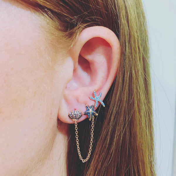 Mono Orecchino con catena Stella Conchiglia Blu